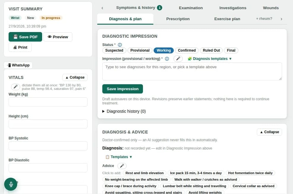 The Diagnosis and plan tab: a diagnostic impression with a status of suspected, provisional, working, confirmed, ruled out or final, and advice that can be added with one click, such as rest and limb elevation or ice pack.