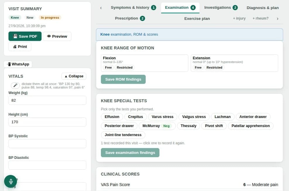 The Examination tab for a knee: flexion and extension range of motion with normal values, a checklist of knee special tests including Lachman, McMurray and anterior drawer, and the VAS pain score.